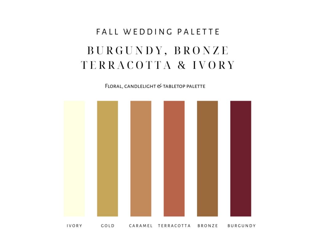 Fall wedding color palette with ivory, gold, caramel, terracotta, bronze, and burgundy tones