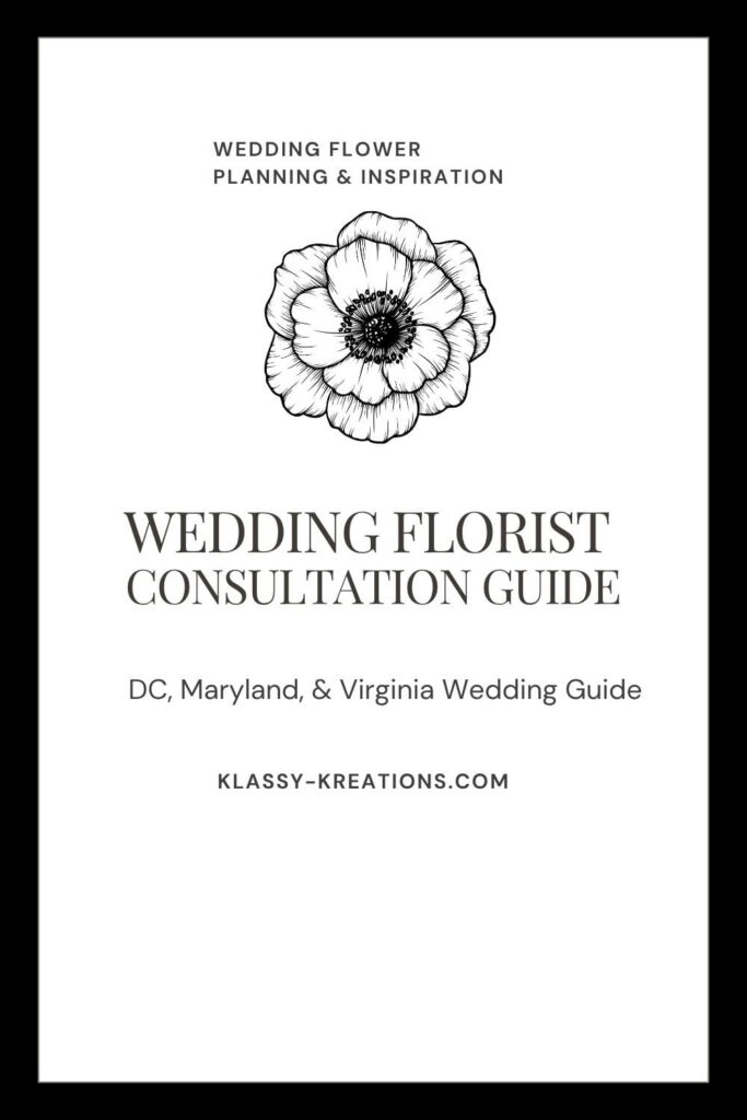Black and white Pinterest graphic reading “Wedding Florist Consultation Guide” for DC, Maryland, and Virginia weddings.
