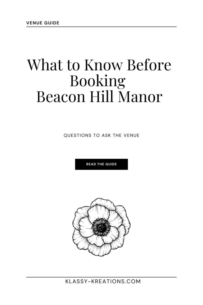 Pinterest graphic titled “What to Know Before Booking Beacon Hill Manor” for Loudoun County Virginia wedding planning